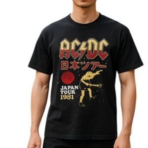 AC/DC Mens Graphic Band T-Shirt Japan Tour 1981 Remake Front Back Graphics S